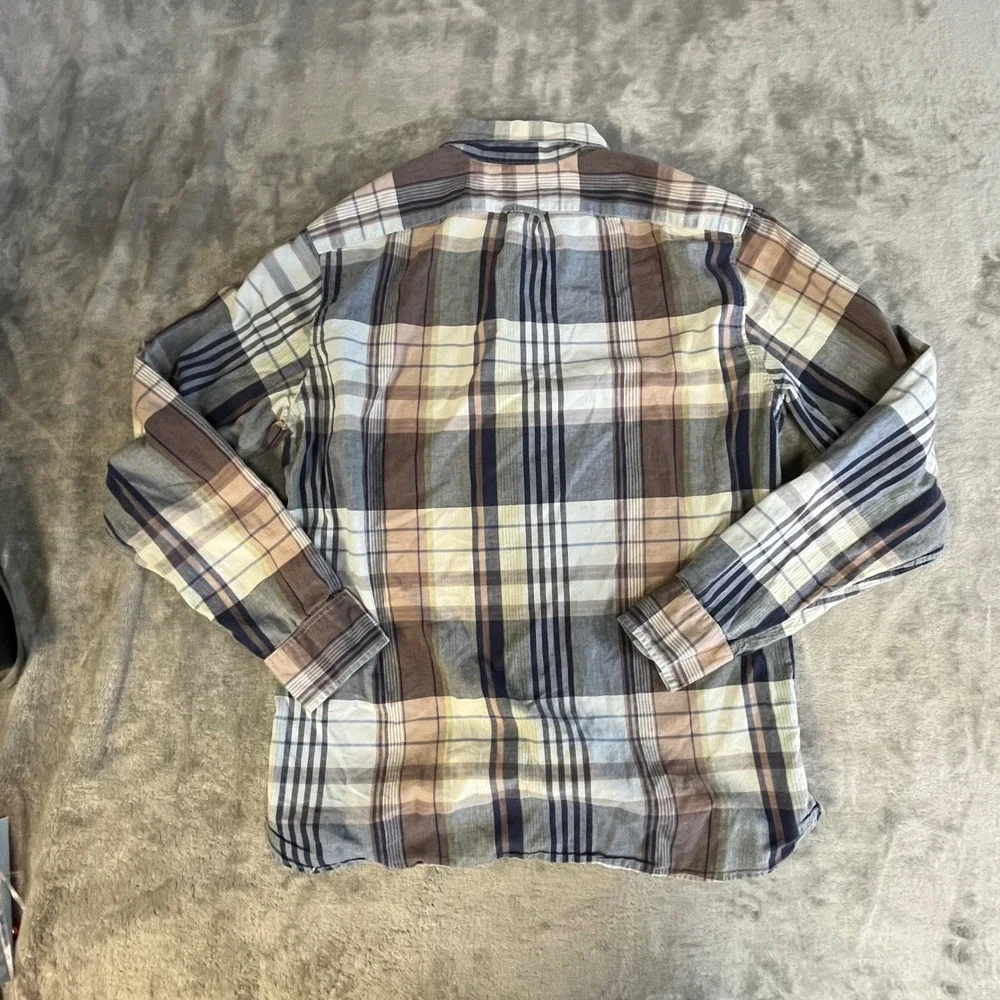 J. Crew Indian Madras Button Down Shirt Mens Size M Blue Brown Plaid Long Sleeve